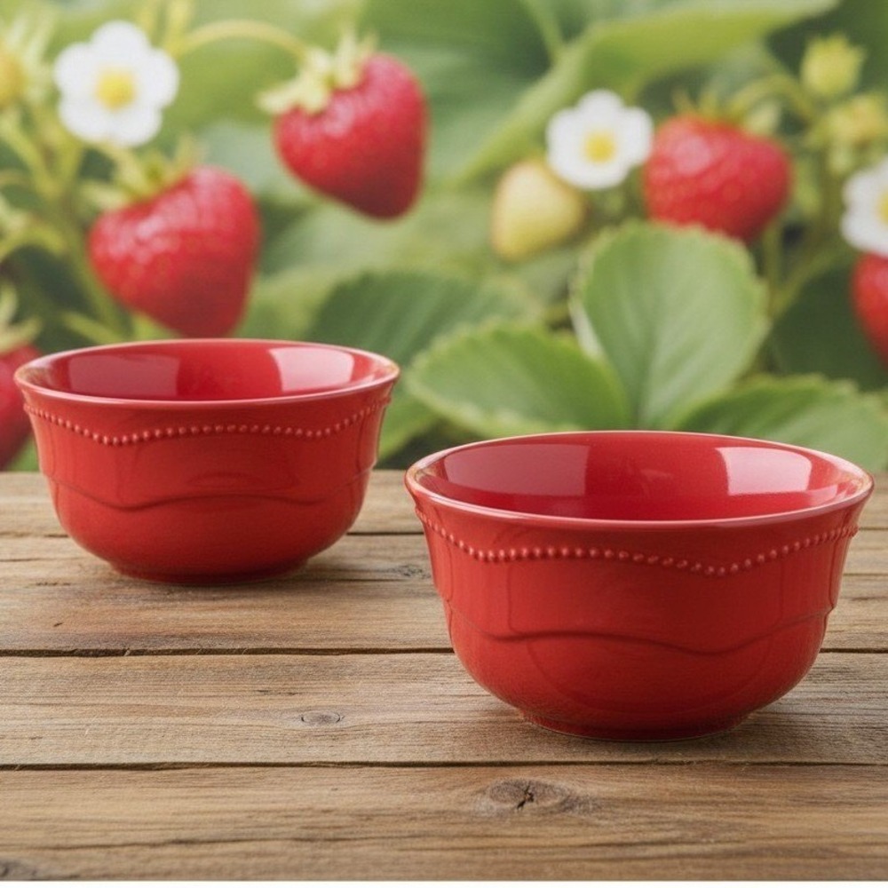10 Strawberry Street Red Cereal Bowls, Set of 2, Embossed Beaded Edge Dinnerware